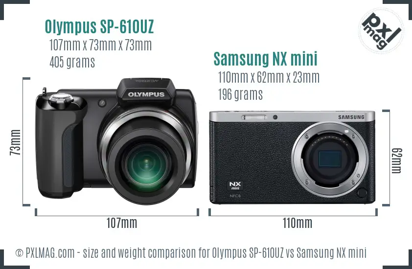 Olympus SP-610UZ vs Samsung NX mini size comparison
