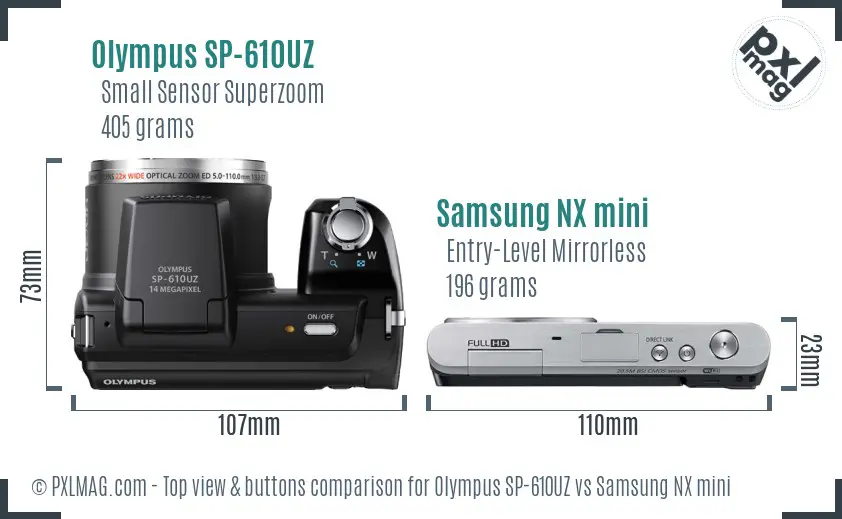 Olympus SP-610UZ vs Samsung NX mini top view buttons comparison