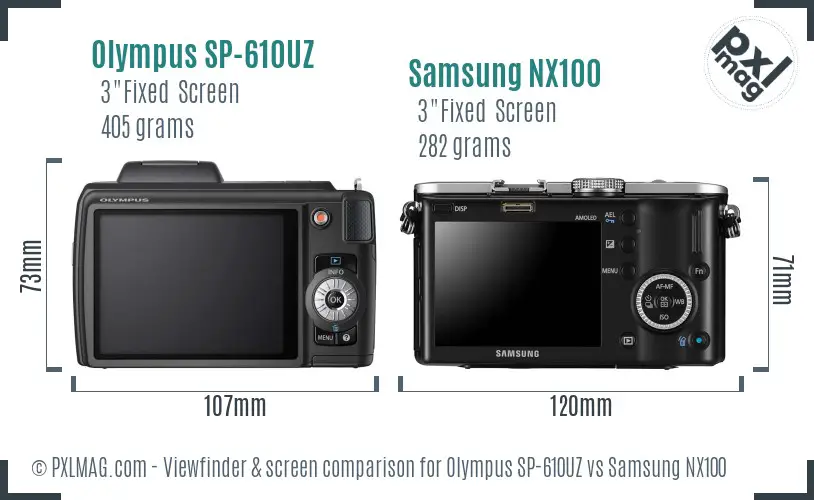 Olympus SP-610UZ vs Samsung NX100 Screen and Viewfinder comparison