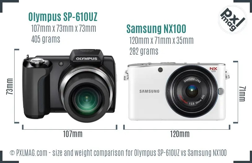 Olympus SP-610UZ vs Samsung NX100 size comparison