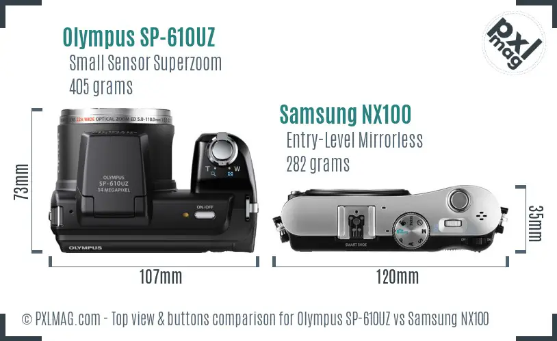Olympus SP-610UZ vs Samsung NX100 top view buttons comparison
