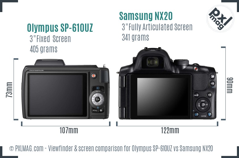 Olympus SP-610UZ vs Samsung NX20 Screen and Viewfinder comparison