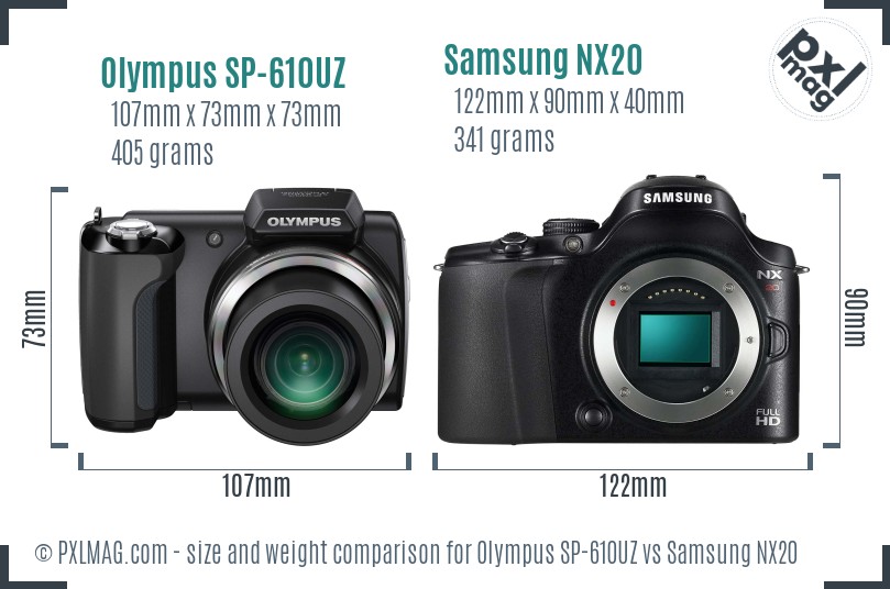 Olympus SP-610UZ vs Samsung NX20 size comparison