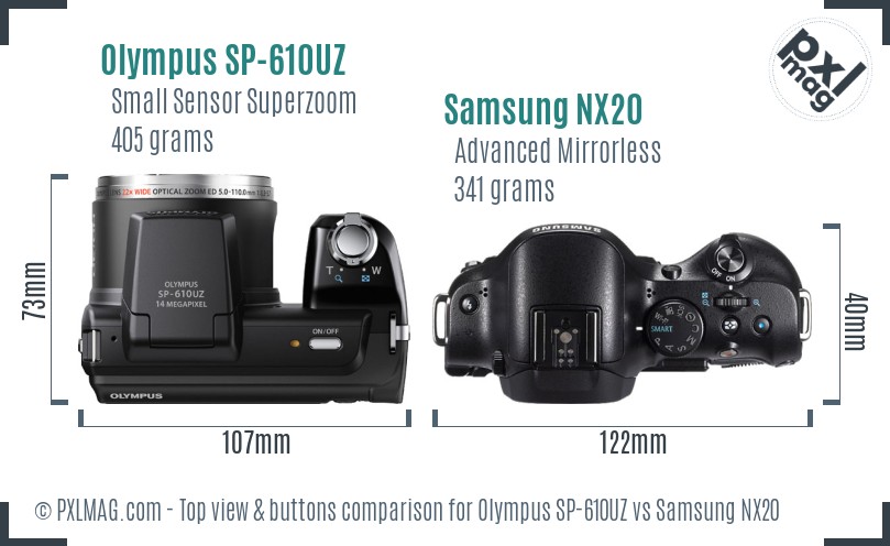 Olympus SP-610UZ vs Samsung NX20 top view buttons comparison