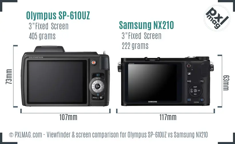 Olympus SP-610UZ vs Samsung NX210 Screen and Viewfinder comparison