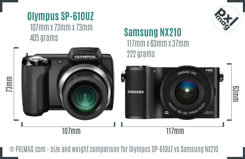 Olympus SP-610UZ vs Samsung NX210 size comparison