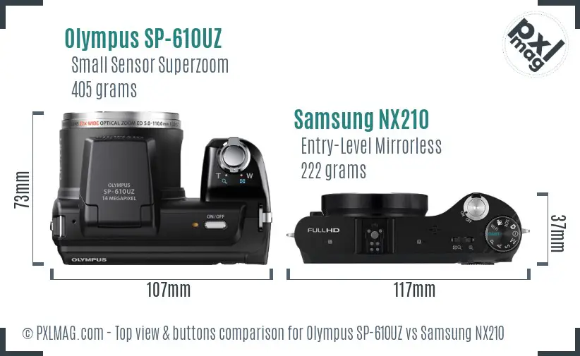 Olympus SP-610UZ vs Samsung NX210 top view buttons comparison