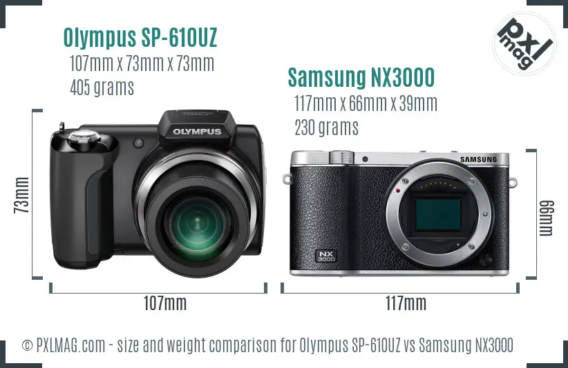 Olympus SP-610UZ vs Samsung NX3000 size comparison