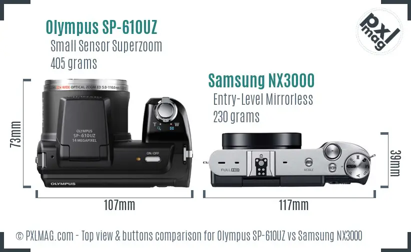 Olympus SP-610UZ vs Samsung NX3000 top view buttons comparison