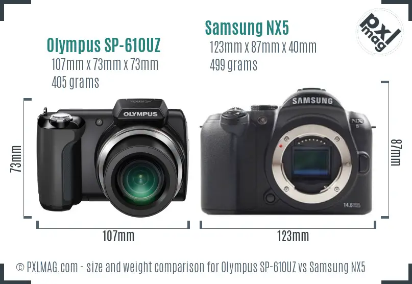 Olympus SP-610UZ vs Samsung NX5 size comparison