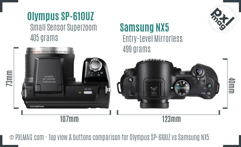 Olympus SP-610UZ vs Samsung NX5 top view buttons comparison