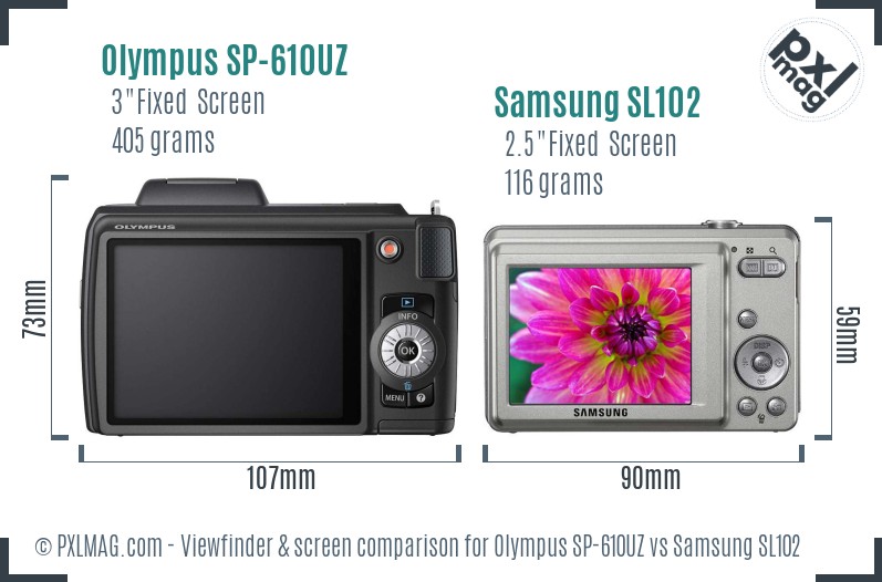 Olympus SP-610UZ vs Samsung SL102 Screen and Viewfinder comparison