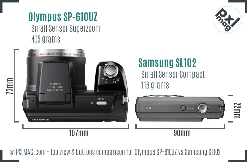 Olympus SP-610UZ vs Samsung SL102 top view buttons comparison