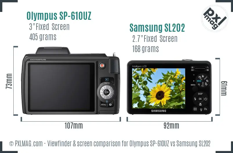 Olympus SP-610UZ vs Samsung SL202 Screen and Viewfinder comparison