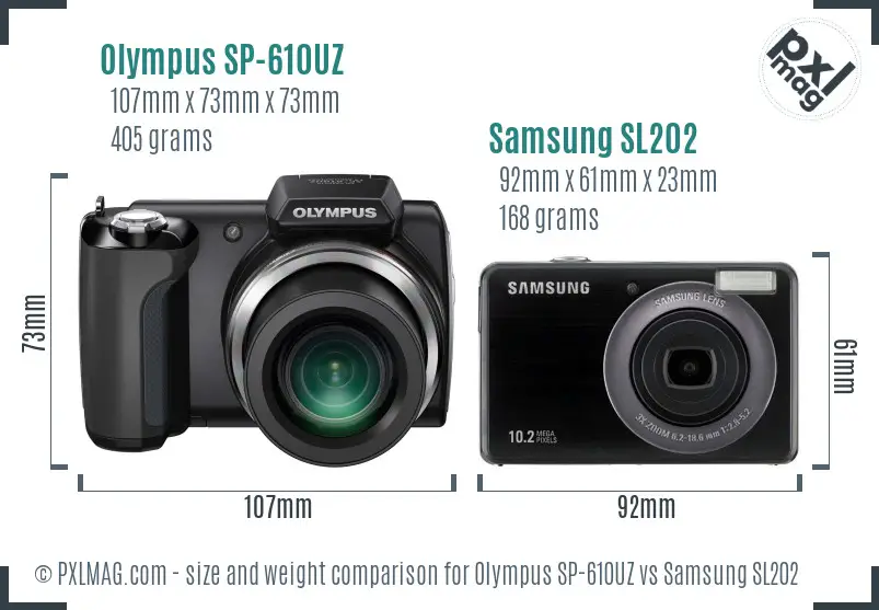 Olympus SP-610UZ vs Samsung SL202 size comparison