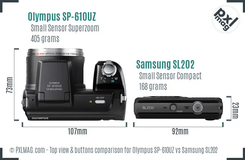 Olympus SP-610UZ vs Samsung SL202 top view buttons comparison
