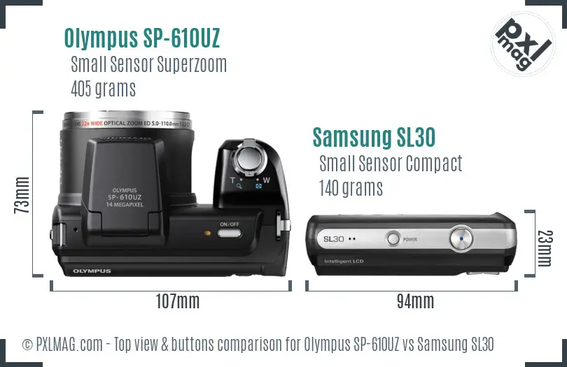 Olympus SP-610UZ vs Samsung SL30 top view buttons comparison
