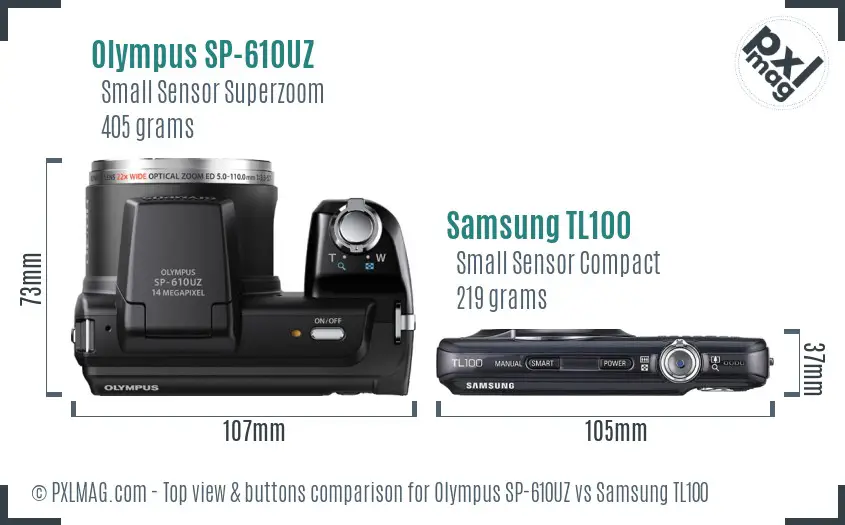 Olympus SP-610UZ vs Samsung TL100 top view buttons comparison