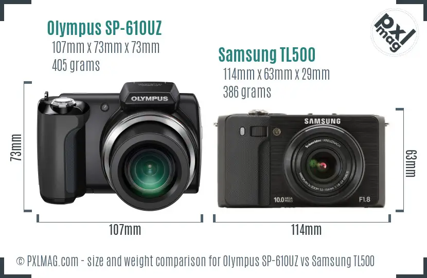 Olympus SP-610UZ vs Samsung TL500 size comparison