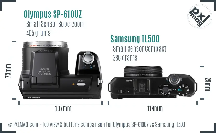 Olympus SP-610UZ vs Samsung TL500 top view buttons comparison