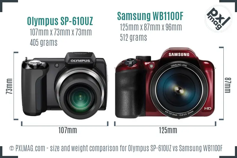 Olympus SP-610UZ vs Samsung WB1100F size comparison