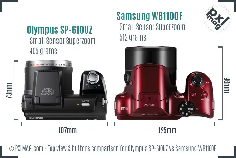 Olympus SP-610UZ vs Samsung WB1100F top view buttons comparison