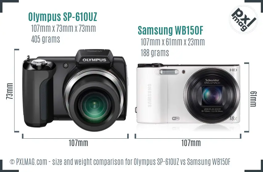 Olympus SP-610UZ vs Samsung WB150F size comparison