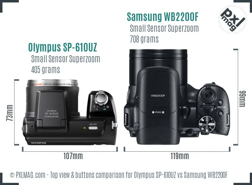 Olympus SP-610UZ vs Samsung WB2200F top view buttons comparison Olympus SP-610UZ vs Samsung WB2200F top view buttons comparison