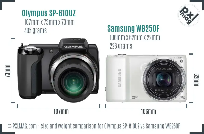 Olympus SP-610UZ vs Samsung WB250F size comparison