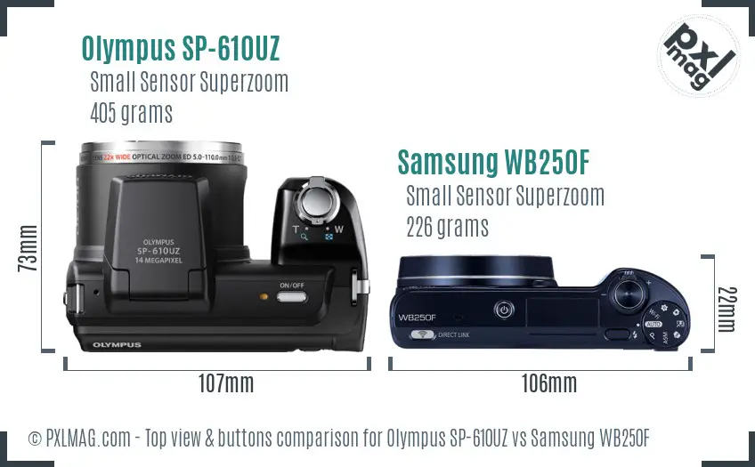 Olympus SP-610UZ vs Samsung WB250F top view buttons comparison