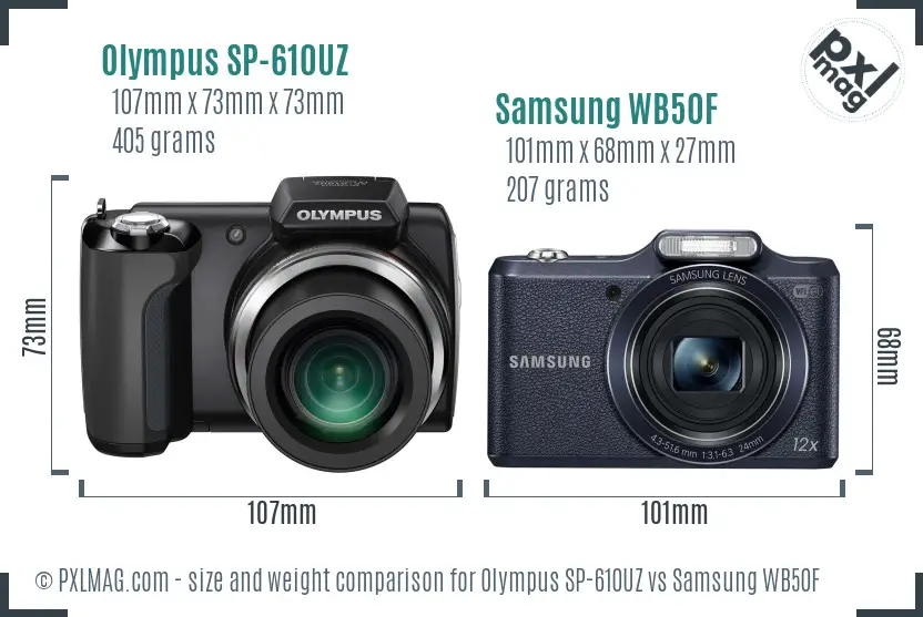 Olympus SP-610UZ vs Samsung WB50F size comparison