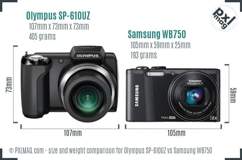 Olympus SP-610UZ vs Samsung WB750 size comparison