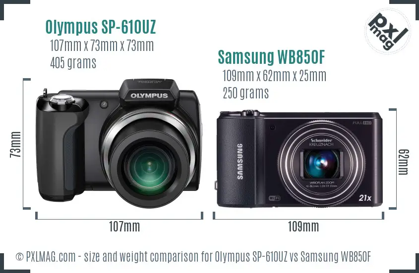 Olympus SP-610UZ vs Samsung WB850F size comparison