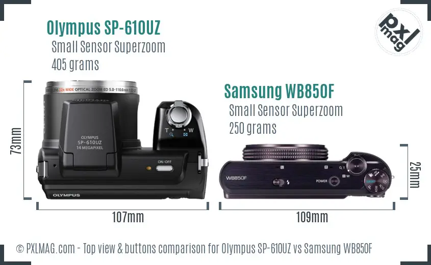 Olympus SP-610UZ vs Samsung WB850F top view buttons comparison