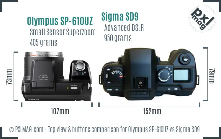 Olympus SP-610UZ vs Sigma SD9 top view buttons comparison