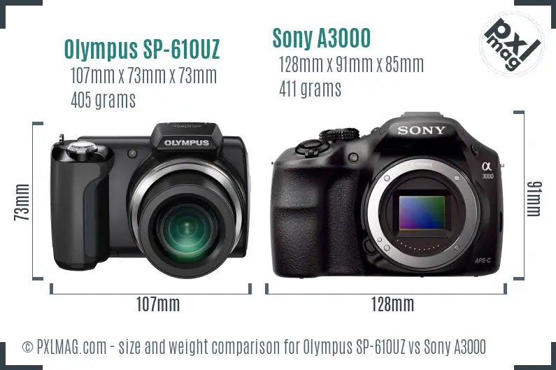 Olympus SP-610UZ vs Sony A3000 size comparison