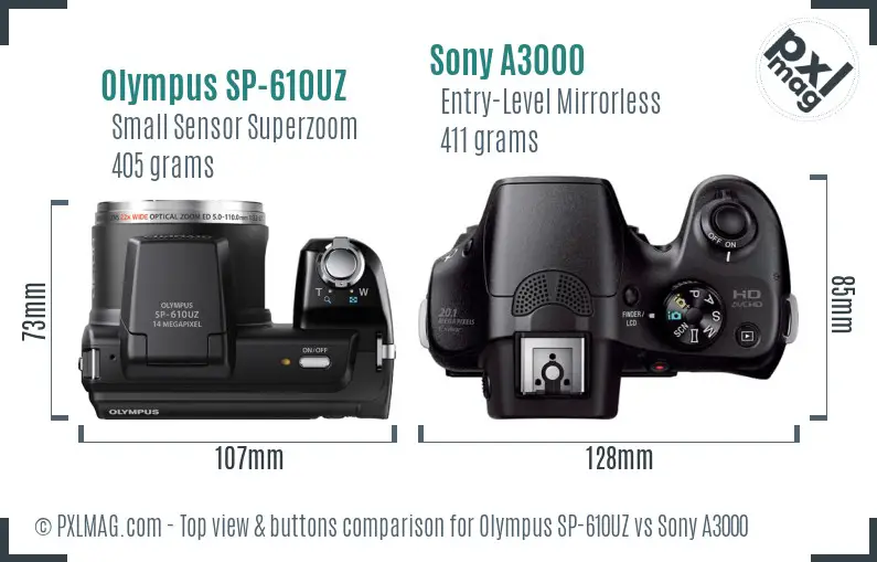 Olympus SP-610UZ vs Sony A3000 top view buttons comparison