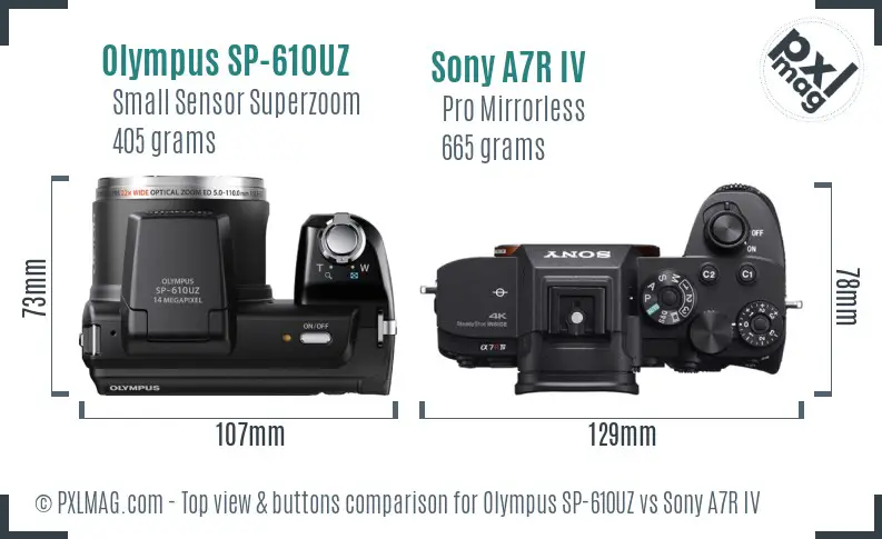 Olympus SP-610UZ vs Sony A7R IV top view buttons comparison