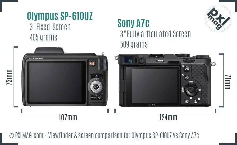 Olympus SP-610UZ vs Sony A7c Screen and Viewfinder comparison