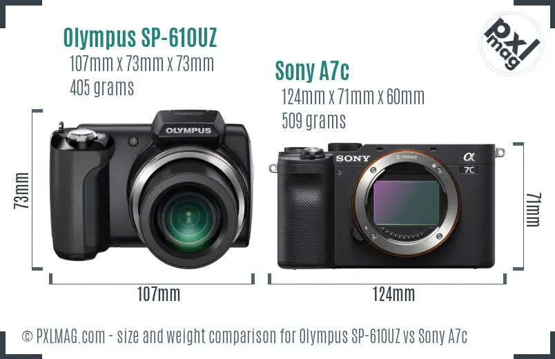 Olympus SP-610UZ vs Sony A7c size comparison