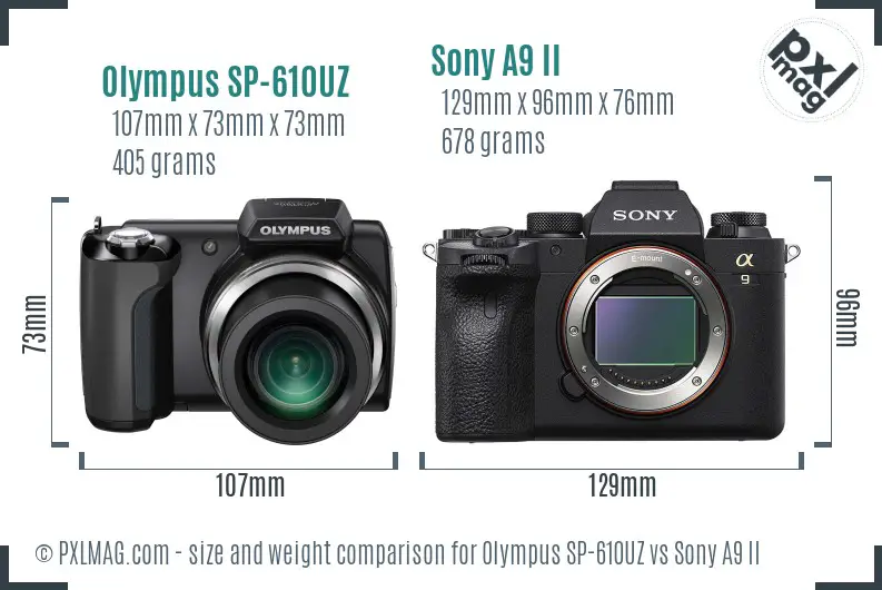 Olympus SP-610UZ vs Sony A9 II size comparison