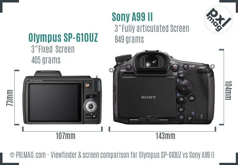 Olympus SP-610UZ vs Sony A99 II Screen and Viewfinder comparison