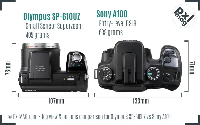 Olympus SP-610UZ vs Sony A100 top view buttons comparison Olympus SP-610UZ vs Sony A100 top view buttons comparison