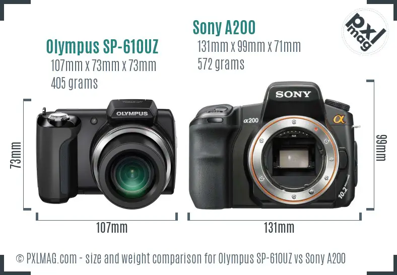 Olympus SP-610UZ vs Sony A200 size comparison