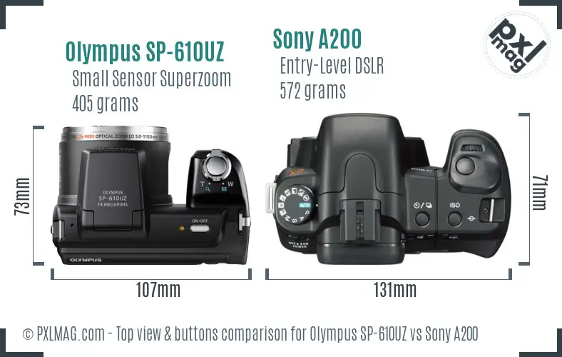 Olympus SP-610UZ vs Sony A200 top view buttons comparison