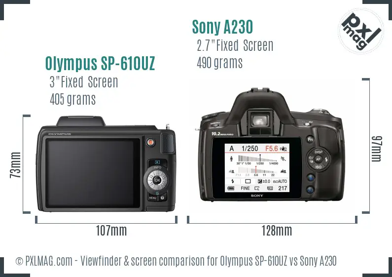 Olympus SP-610UZ vs Sony A230 Screen and Viewfinder comparison