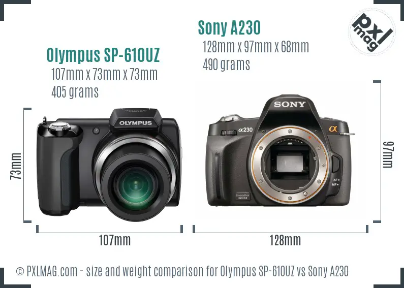 Olympus SP-610UZ vs Sony A230 size comparison