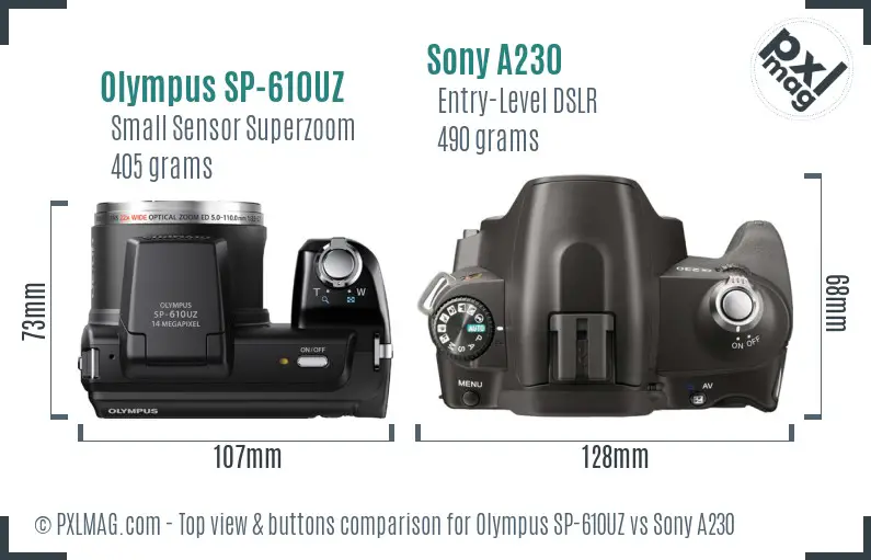 Olympus SP-610UZ vs Sony A230 top view buttons comparison