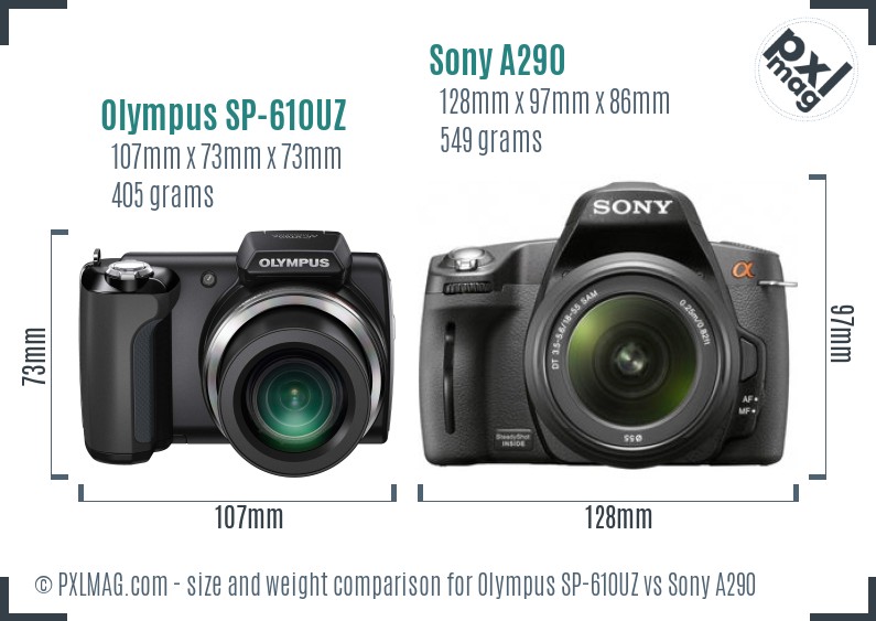 Olympus SP-610UZ vs Sony A290 size comparison