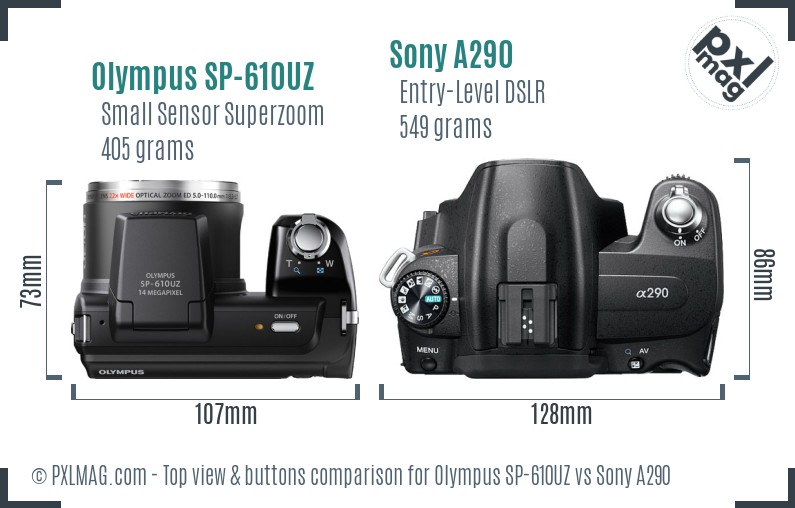 Olympus SP-610UZ vs Sony A290 top view buttons comparison